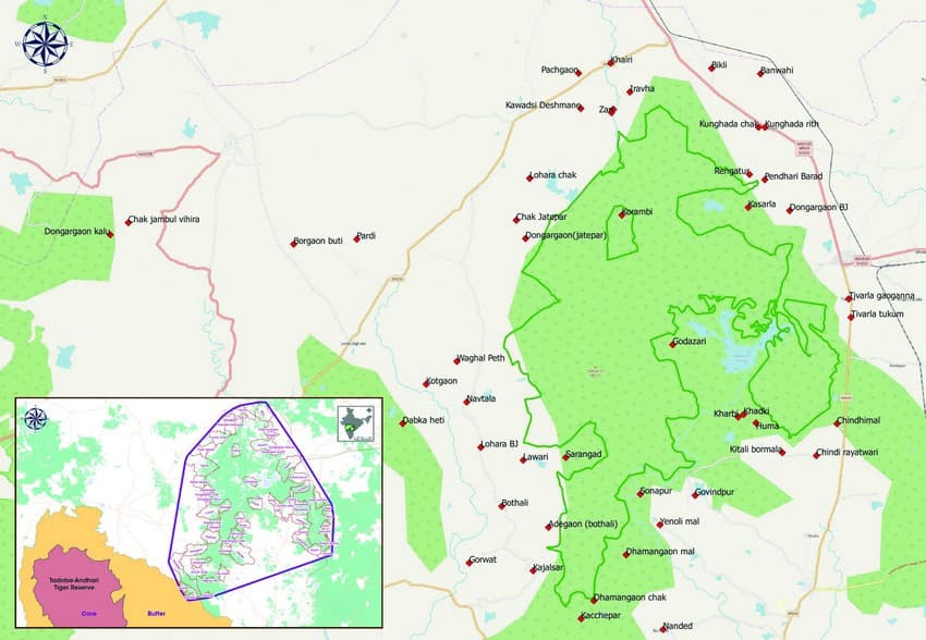 Map showing VSTF villages around the Ghodazari Wildlife Sanctuary in Bramhapuri. The Bramhapuri Forest Division is contiguous with the Tadoba Andhari Tiger Reserve.