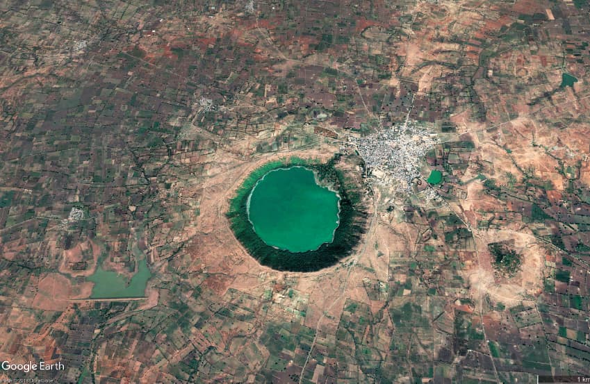 A Google Map screen grab clearly shows the prominent geography of the impact crater against the rest of the landscape.