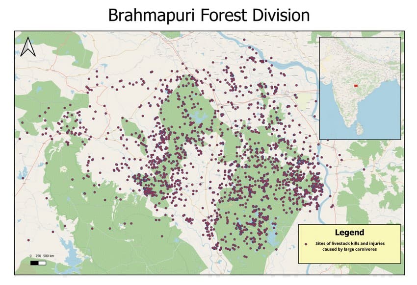 The map of Brahmapuri Forest Division in Chandrapur District shows the spread of reported livestock kills and injuries by wild carnivores between 2014 and 2018 as per the Forest Department data specific to WCT’s area of study in the state of Maharashtra, India.