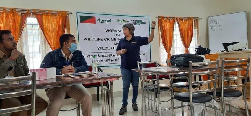 C. Samyukta interacts with the forest staff in Manas Tiger Reserve as part of the Wildlife Crime Investigation and Wildlife Forensics training programme collaboratively organised by WCT and Aaranyak in January 2021.