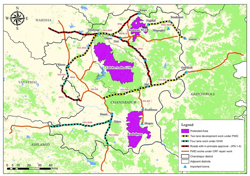 Overview of roads in Chandrapur, Maharashtra, passing through forests and the corridors connecting Tadoba-Andhari Tiger Reserve.