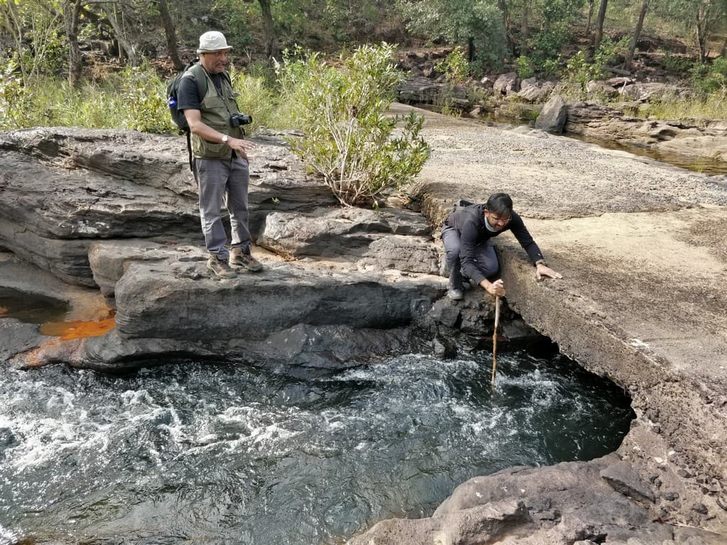 WCT field team measuring river parameters in the Satpura Tiger Reserve.