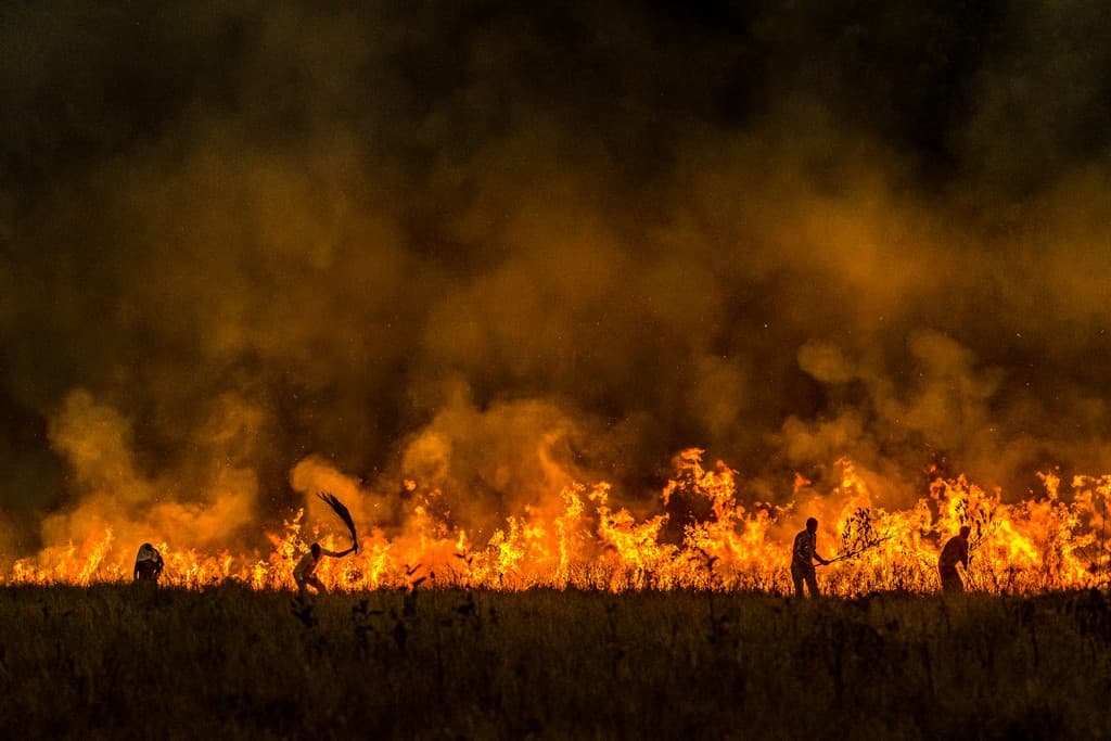 Forest watchers battle a raging fire  without firefighting equipment in Madhya  Pradesh’s Kanha Tiger Reserve. This invisible, yet  grossly under-supported task force is key to India’s  ability to survive the climate catastrophe hanging  over us like a sword of Damocles. If we allow them  to become demotivated, it will not be our borders  from where existential threats will jump out at us,  the threat will come from within.