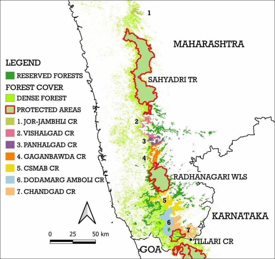 The recently notified Conservation Reserves (CRs) along with the already existing Protected Areas have brought the near-complete linear stretch of the Sahyadri-Konkan Corridor under varying degree of legal protection. (CRs 4 & 5, Gaganbawda and CSMAB in the map are as yet not notified) Credit: WCT