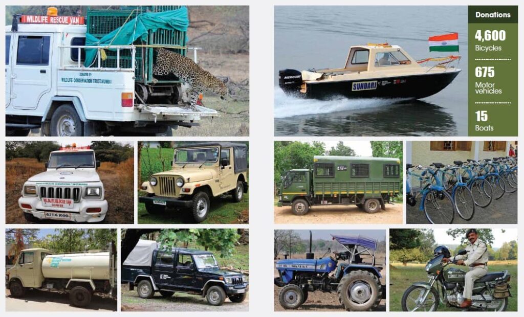 WCT donates bicycles, 125cc motorcycles, 4WD vehicles, 22-seater troop carriers, high-speed motorboats, water tankers and tractors to forest departments across the country. 